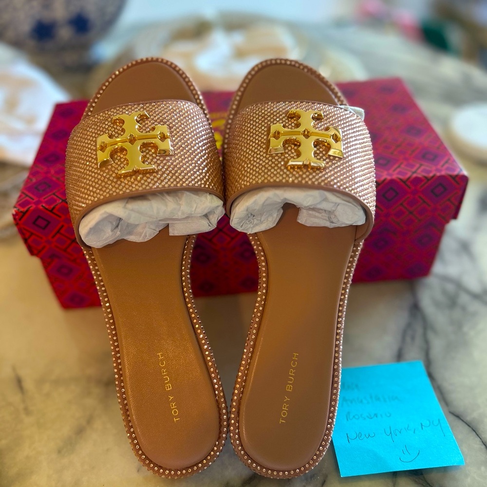 NWT - TORY BURCH EVERLY SLIDE - MALVA/CRYSTAL GOLD - SIZE US 9